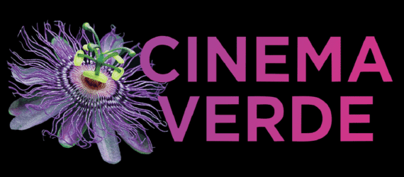 A black banner that reads Cinema Verde in pink font with a purple flower to the left of it