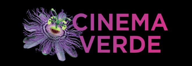 A black banner that reads Cinema Verde in pink font with a purple flower to the left of it