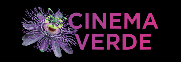 A black banner that reads Cinema Verde in pink font with a purple flower to the left of it
