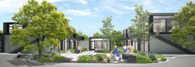 A housing area with a center garden area