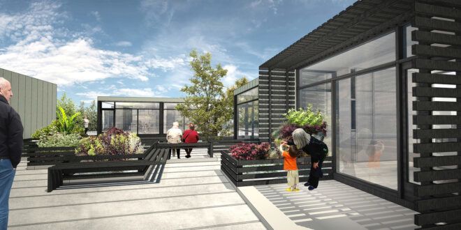 An open area with seating and planters