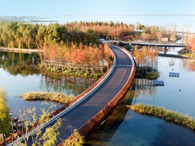 A road way that cuts through a river
