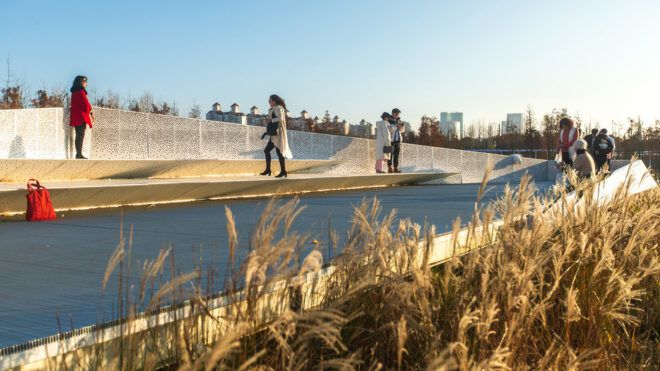 A pathway of people walking about