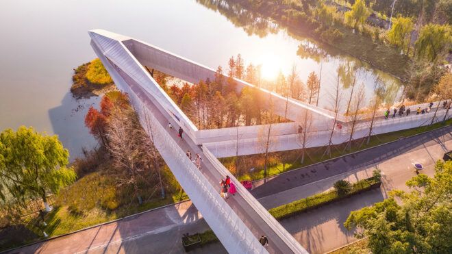 A bridge pathway that cuts into a flipped number four