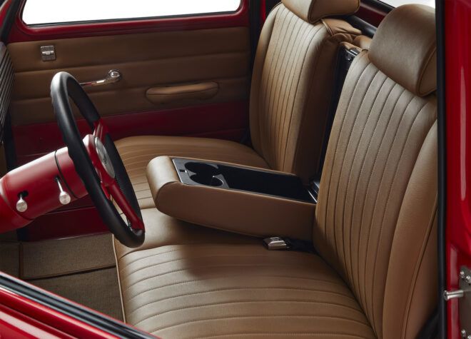 Interior brown leather seating of a car