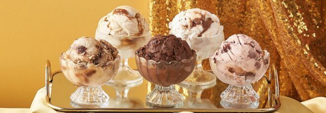Five bowls of ice cream scoops