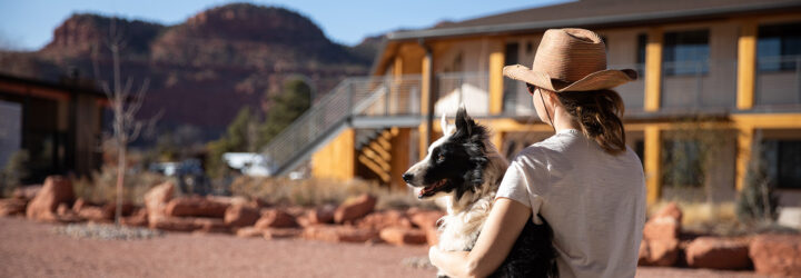 The back of a person with a dog beside them facing a hotel