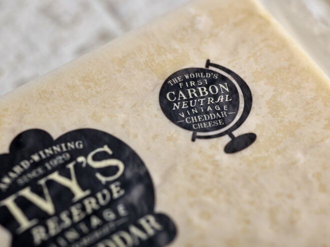 An up-close shot that reads the cheese is the first carbon-neutral cheese