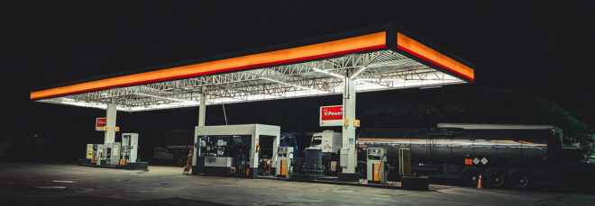 A gas station at night