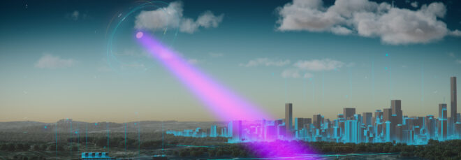 A purple beam from the sky shining on a city