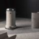 A gray trashcan with a silver lid beside other curved forms of it