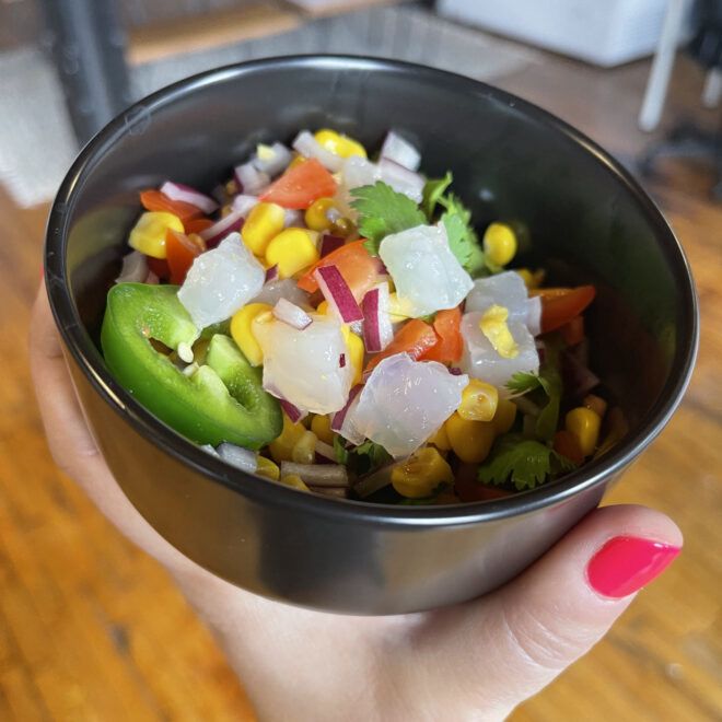 Black bowl with plant-based ceviche