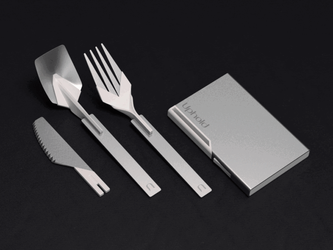 A cutlery set that flashes between colors of pink, brown, silver and gray