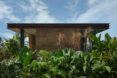 Side facade of a villa featuring rammed earth walls flanked by lush greenery