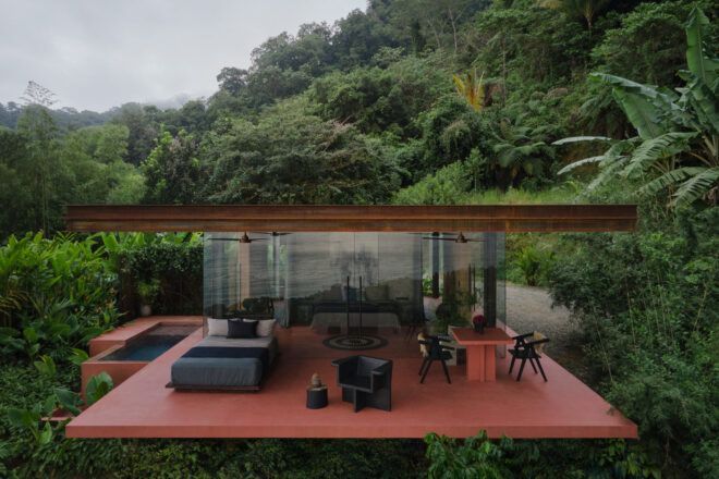 Aerial view of a modern villa on a tropical hill