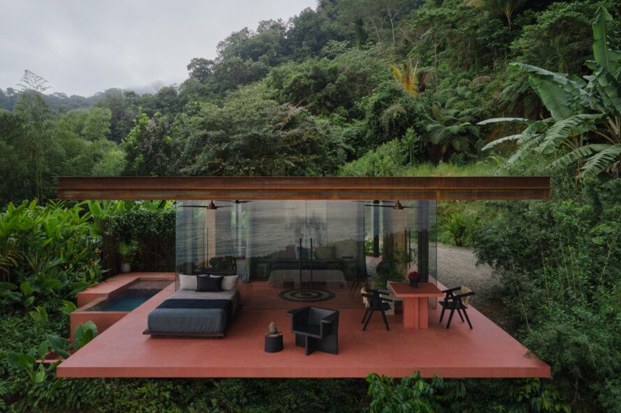 Aerial view of a modern villa on a tropical hill