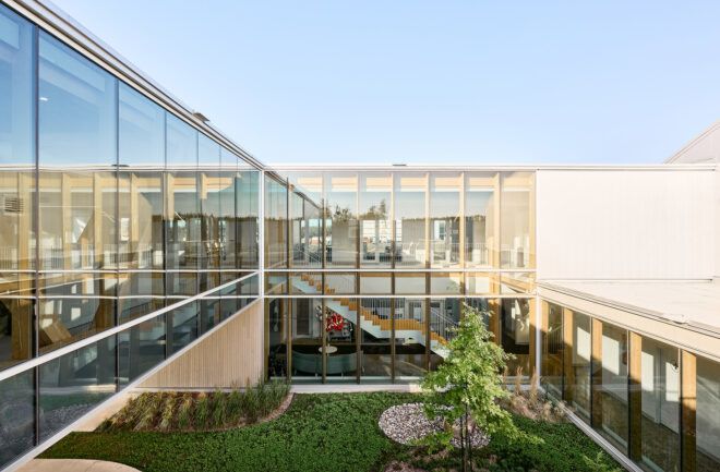 The interior pavilion of an office building