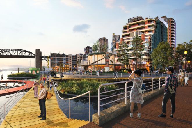 Rendering of a revamped Vancouver coastline with buildings and bridges in the background