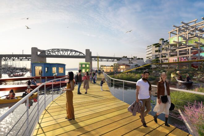 Rendering of a boardwalk that extends out from the Vancouver coast