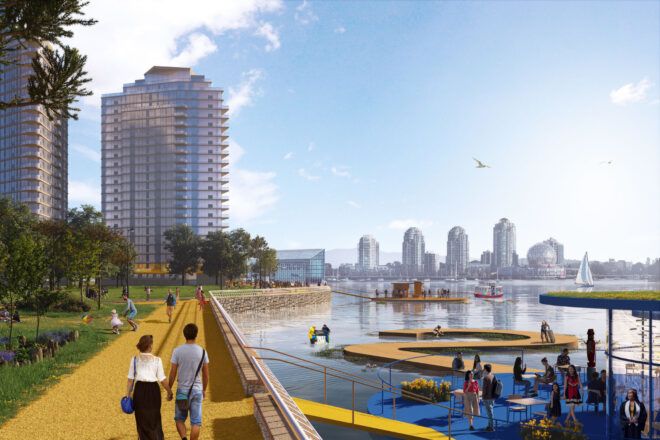 Rendering of revamped park along Vancouver waterfront with high rise buildings in the background