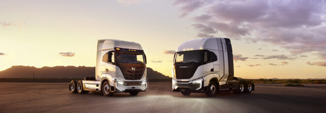 Two semi-trucks facing head-to-head