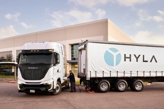 A semi-truck called Hyla being plugged from electricity