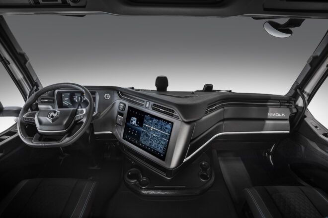The interior dash of a semi-truck