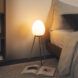 An egg-shaped golden lamp on a three-pronged stand