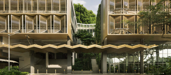 Two university buildings connected by the same awning