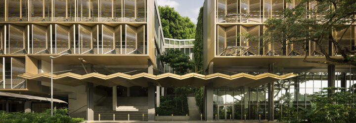 Two university buildings connected by the same awning