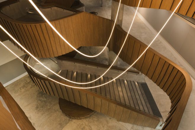 Looking down through the different floors of stairs