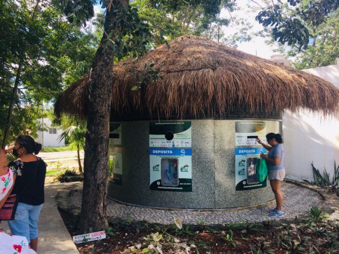 A circular hut that acts as a recycling station