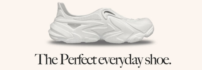A white shoe with black text below that reads "The Perfect everyday shoe."