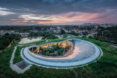 A curved building within a city