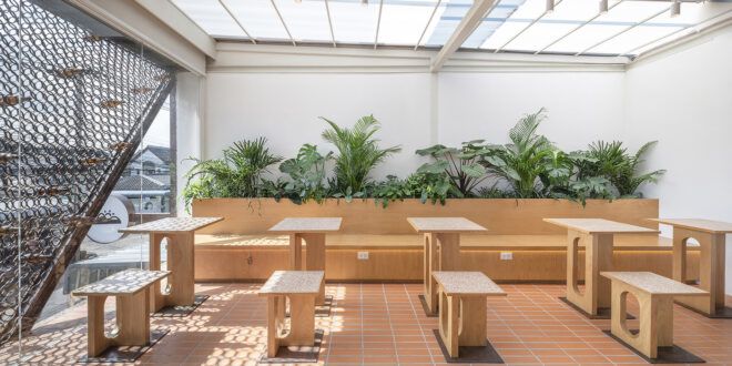 Chairs and tables of a brown seating area
