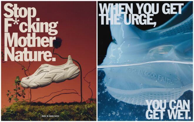 Right to left: A shoe hovering in a red background, a heel of a shoe dipped in water