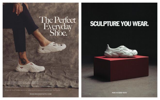 Right to left: Legs wearing leggings and white shoes, a white shoe on a red box against a black background