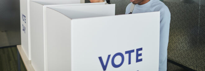A voting box with the word VOTE on it