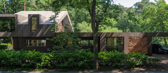 An elongated home hidden behind trees and bushes