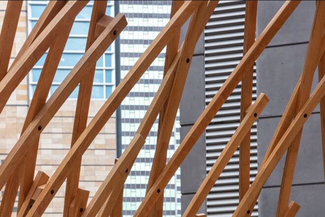 An up-close of the lattice wood work