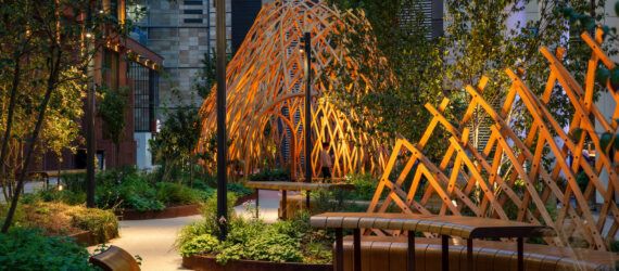 Lattice work domes in a courtyard