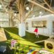 Children playing in an indoor forest space with a hilly landscape and abstracted wooden trees