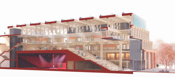 A rectangular long building sliced in half to show the interior