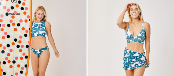 Two photos left to right: A model wearing a blue bikini holding a surfboard, a blond model wearing a bikini top and a wraparound skirt for the bottom
