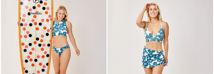 Two photos left to right: A model wearing a blue bikini holding a surfboard, a blond model wearing a bikini top and a wraparound skirt for the bottom