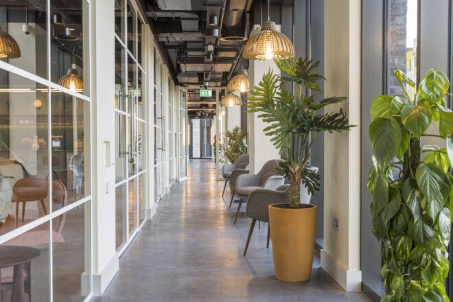 Hallway flanking social spaces in Repton Gardens with indoor plants and seating