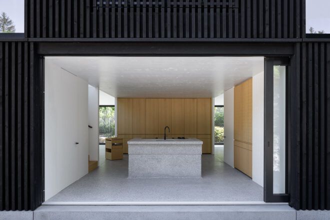An interior kitchen area of a lake home