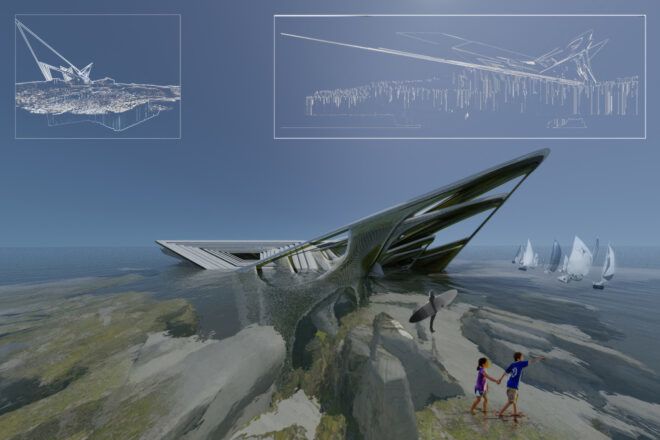 Futuristic building in the ocean with a wing-like entrance. A surfer and two children stare into the distance