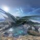Side view of a futuristic tide pool building with two angular wing-like roof forms