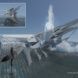 Futuristic building in the ocean with waves crashing into it and a surfer staring into the distance